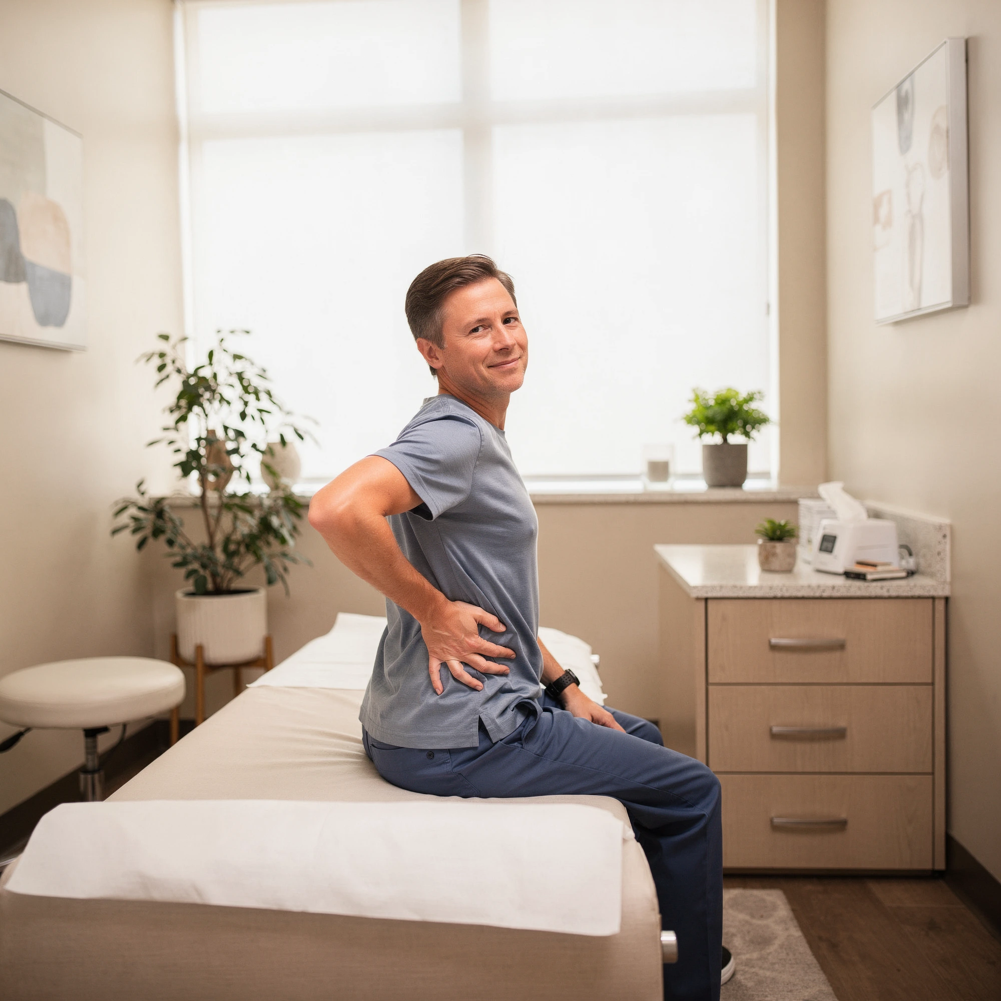 Man sitting on examination table holding lower back, demonstrating back pain in a clinical treatment room